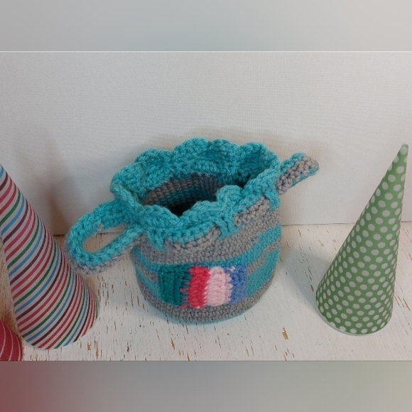 Turquoise and Grey Striped Pouch with Colorful Design Cute Gift Bag Boho Retro - Picture 3 of 8